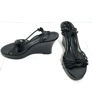 Antonio Melani Black Leather Braided Wedge Sandal Size 7.5 Strappy Tribal.